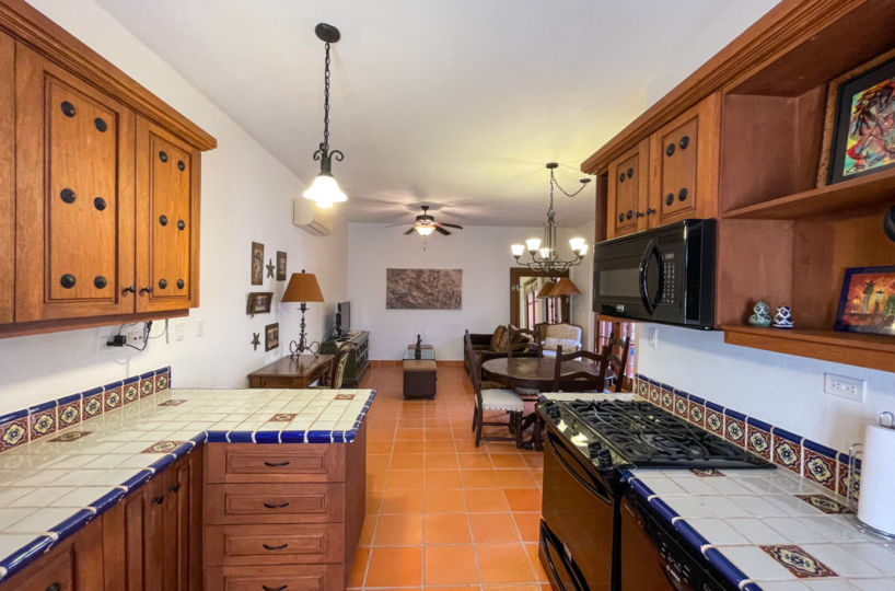 One bedroom casa in Loreto bay great mountain views from terrace: kitchen looking into living