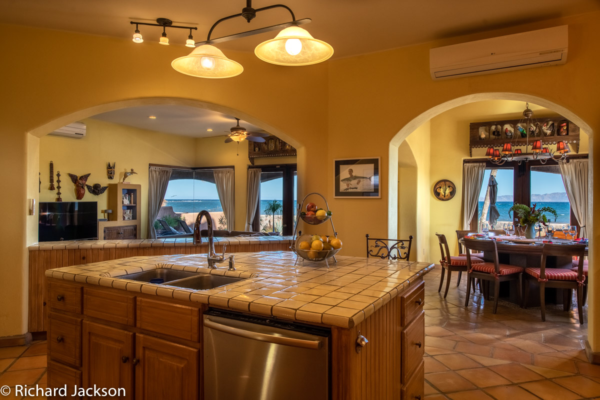 One of a Kind Colonial Home With Pool & Casita in Loreto: kitchen opens to living and dining and spectacular view!