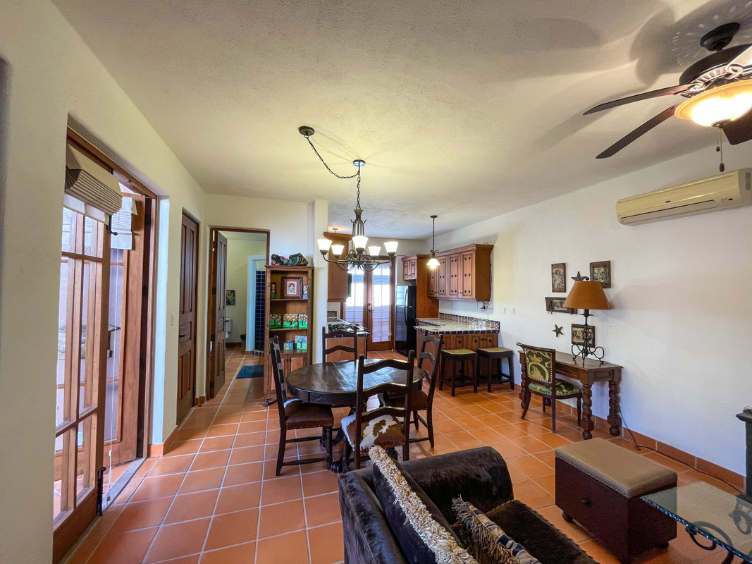 One bedroom casa in Loreto bay great mountain views from terrace: living looking into kitchen